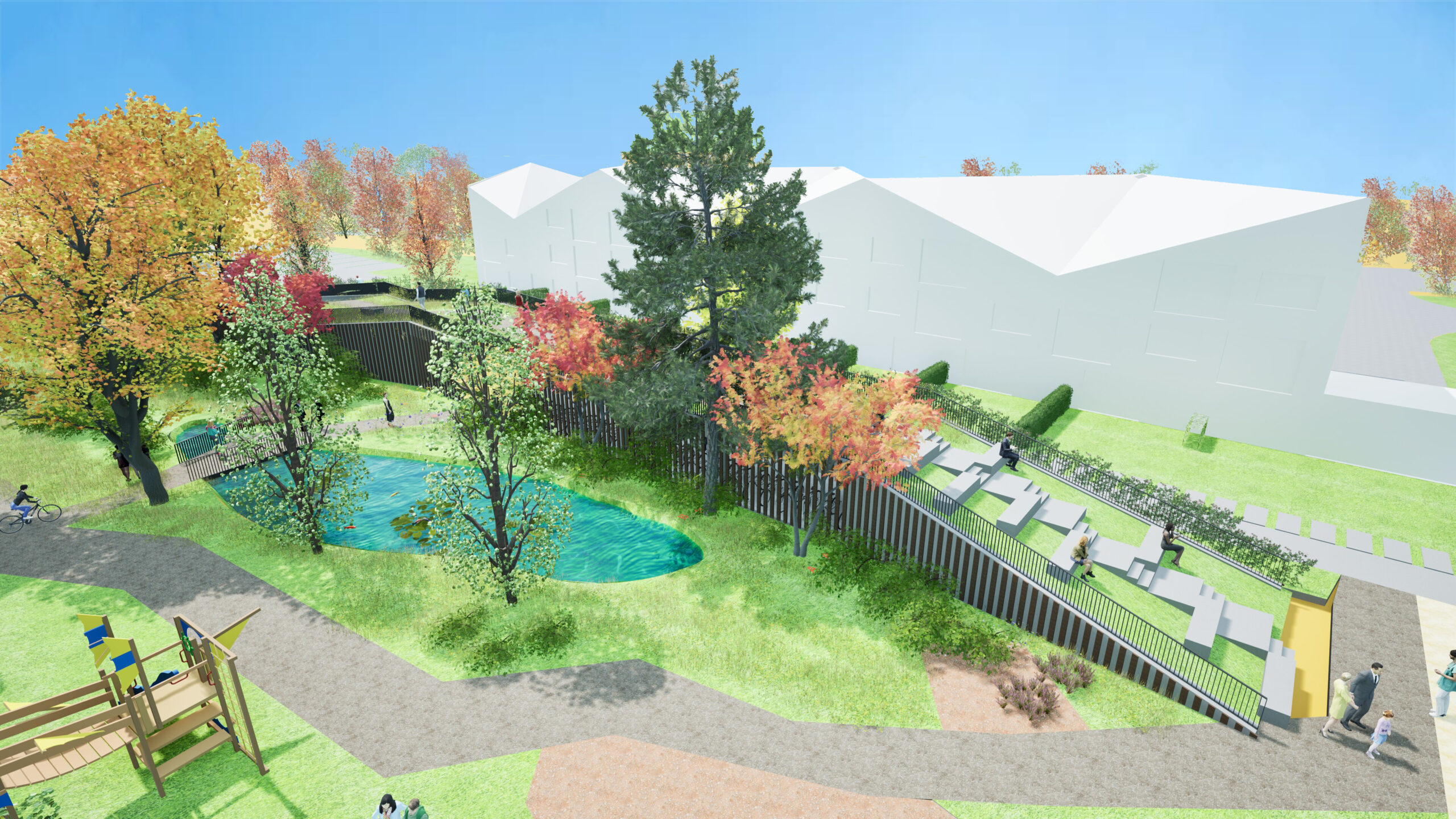 Nieuwbouw 2 fietsenstallingen en siervijver